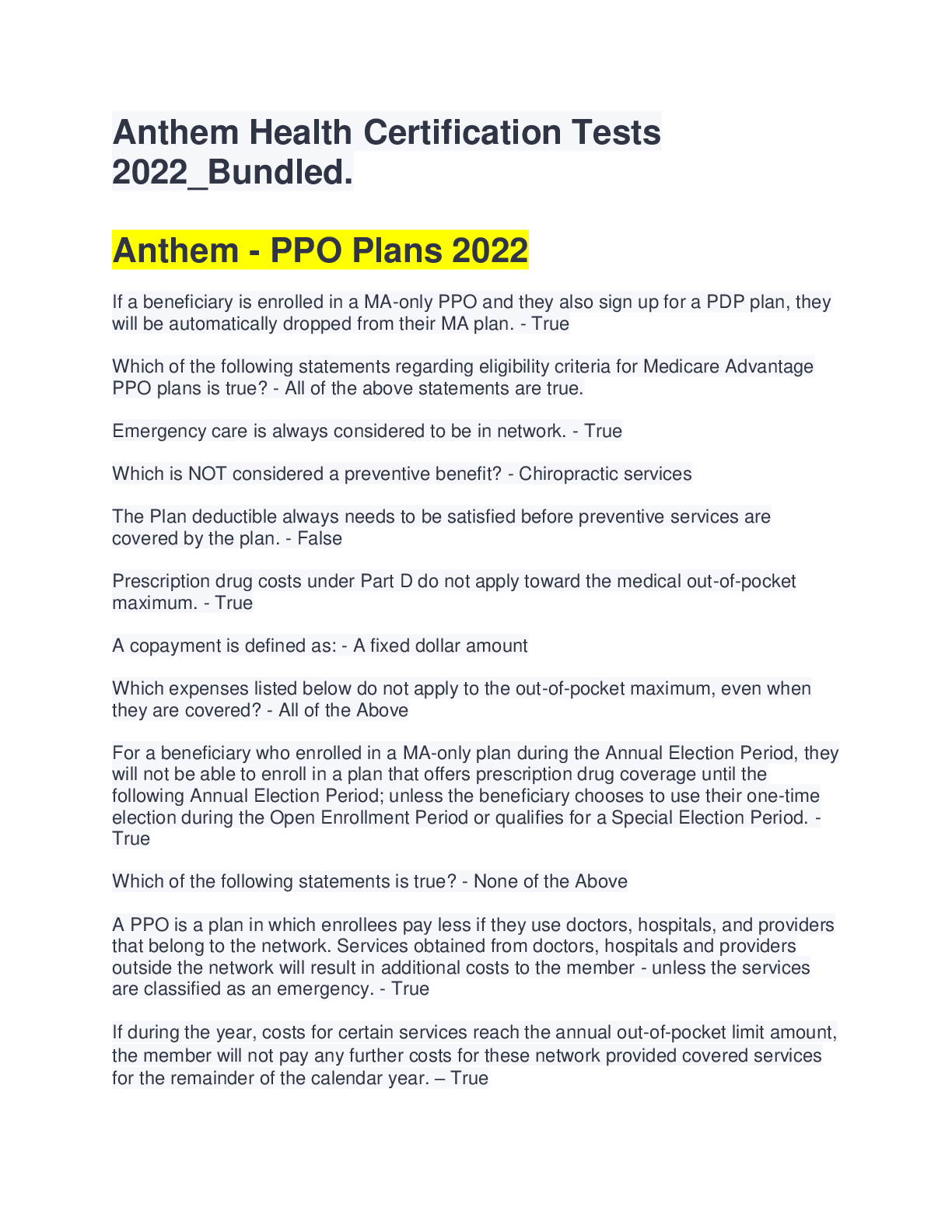 Preview image for (Answered) Anthem Health Certification Tests Quizzes 2022_Bundled.